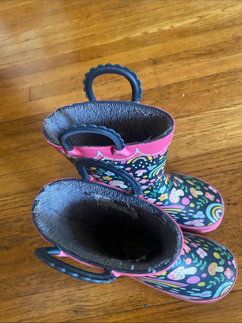 Western Chief Girls' Navy Rain Boots with Pink Floral & Rainbow Print